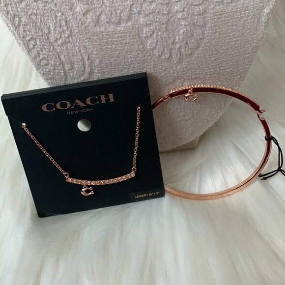 COACH Pave Bar Charm Necklace & Hinged Bangle Set in Rose Gold - Picture 2 of 8
